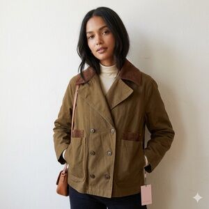 Avec Les Filles Corduroy Trim Utility Canvas Coat Size Small Double Breasted NWT